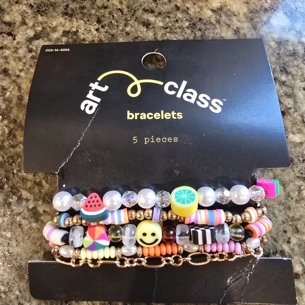 NWT Art Class Fun Emoji and Fruit Kids Bracelet Set